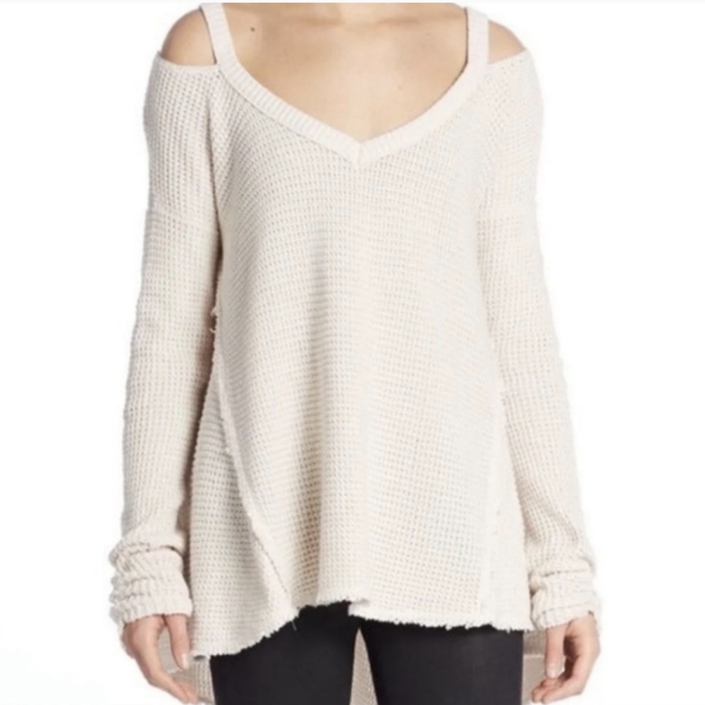 Free People Pullover Cold Shoulder Waffle Knit Tunic Sweater Ivory Size Medium